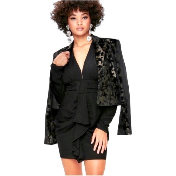 Afrm × REVOLVE avalon puff sleeve deep v-neck mini dress cocktail black NEW - Picture 8 of 13